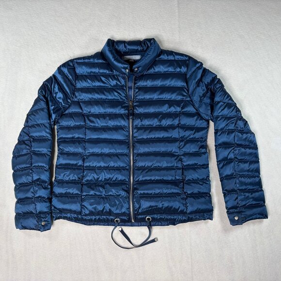 Antonio Melani Shine Patent Metallic Blue Duck Down Puffer Jacket Womens Medium - Picture 1 of 9